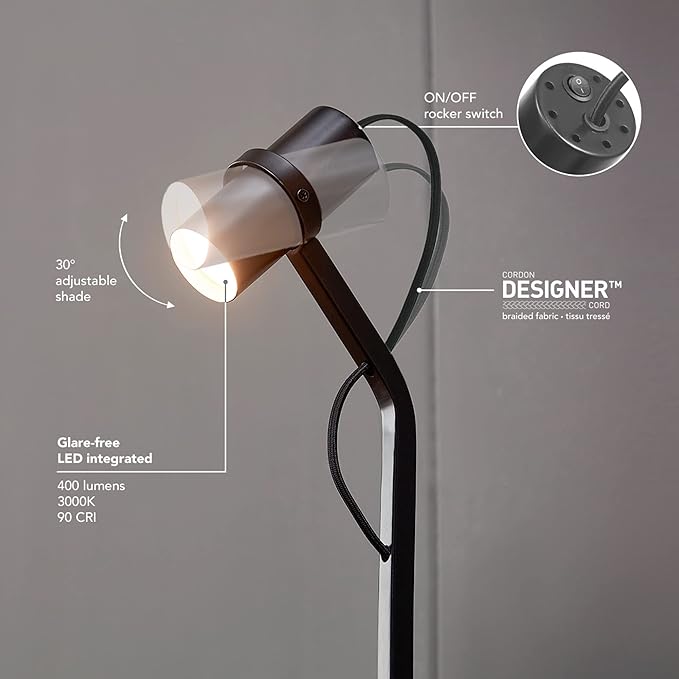 Globe Electric MRDK by Globe Series.01.FL 58" LED Floor Lamp, 9 Watts, 400 Lumens, 3000 Kelvin Warm White, Adjustable Shade, On/Off Rocker Switch on Shade, Matte Black - LeafyLoom