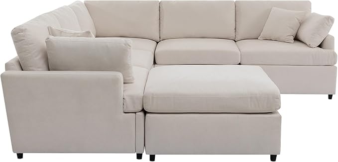 100.4" Modern Large U-Shape Modular Sectional Sofa with Removable Ottomans, Flexible Combination 6-Seater Upholstered Couch for Living Room Apartment Office, Beige, 100.4 Inch - LeafyLoom