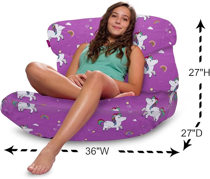 Posh Creations Structured Comfy Bean Bag Chair for Gaming, Reading, and Watching TV, Laguna Lounger, Canvas - Unicorn and Rainbows on Purple, Canvas Rainbow Unicorns - LeafyLoom