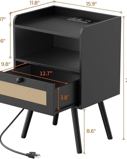 SUPERJARE Nightstand with Charging Station & Rattan-Like Decor Drawer, Rattan End Table with Solid Wood Feet, Bed Side Table with Open Storage, for Bedroom, Living Room, Dormitory - Black - LeafyLoom