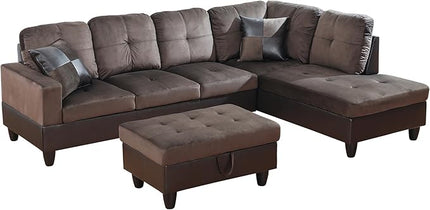 ROOMTEC 3 Piece L Shaped Sectional Sofa Set with Storage Ottoman, Right Facing Chaise Longue, Reversible Backrest w/ 2 Cup Holders, Flannel Tufted Cushions, for Living Room, Dark Brown - LeafyLoom