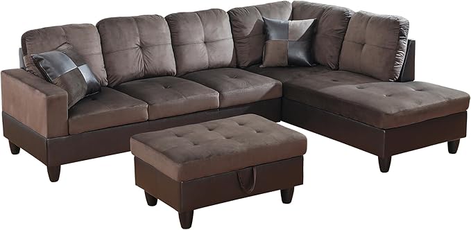 ROOMTEC 3 Piece L Shaped Sectional Sofa Set with Storage Ottoman, Right Facing Chaise Longue, Reversible Backrest w/ 2 Cup Holders, Flannel Tufted Cushions, for Living Room, Dark Brown - LeafyLoom