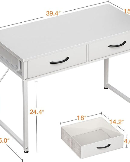 ODK 40 Inch Small Desk with Fabric Drawers- for Bedroom, White Vanity Desk with Storage, Home Office Computer Desk for Small Spaces, Modern Work Writing Study Table, White - LeafyLoom