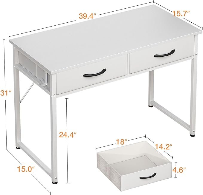 ODK 40 Inch Small Desk with Fabric Drawers- for Bedroom, White Vanity Desk with Storage, Home Office Computer Desk for Small Spaces, Modern Work Writing Study Table, White - LeafyLoom