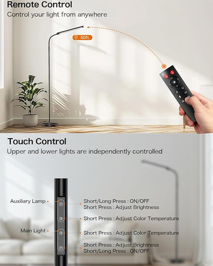73" LED Floor Lamp,24W Super Bright Double-Sided Tall Standing Lamp with Timer,Remote and Touch Control,Adjustable Colors & Brightness Gooseneck Floor Lamps for Living Room Bedroom Office - LeafyLoom