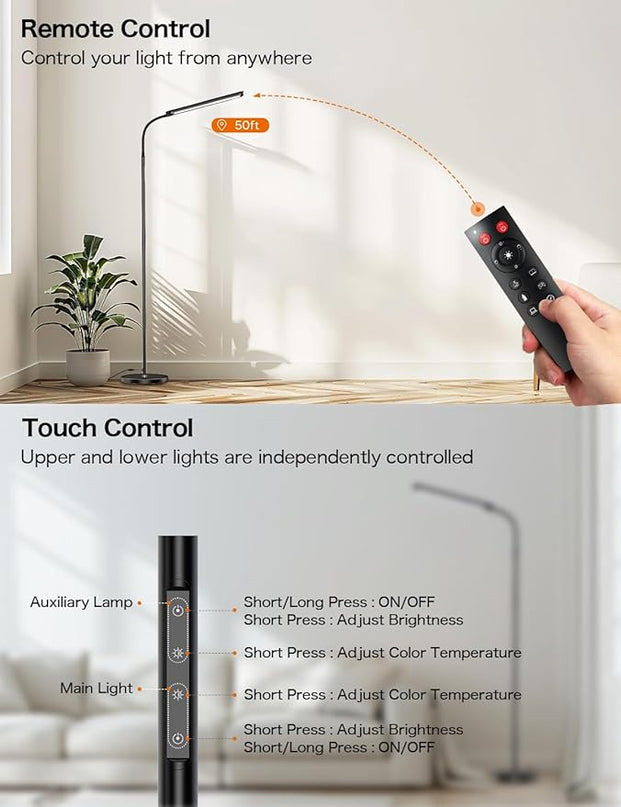 73" LED Floor Lamp,24W Super Bright Double-Sided Tall Standing Lamp with Timer,Remote and Touch Control,Adjustable Colors & Brightness Gooseneck Floor Lamps for Living Room Bedroom Office - LeafyLoom