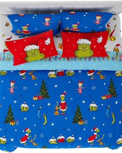 Franco Grinch by Dr. Seuss Holiday & Christmas Bedding Super Soft Comforter and Sheet Set with Sham, 7 Piece King Size (Official Dr. Seuss Product) - LeafyLoom