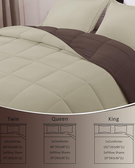Basic Beyond King Size Comforter Set - Fluffy King Bed Comforter Set for All Seasons - Reversible Bedding King Size Comforter Set - 3 Pieces (1 Comforter + 2 Pillow Shams) - Brown/Ivory - LeafyLoom