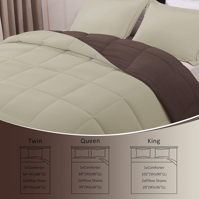 Basic Beyond King Size Comforter Set - Fluffy King Bed Comforter Set for All Seasons - Reversible Bedding King Size Comforter Set - 3 Pieces (1 Comforter + 2 Pillow Shams) - Brown/Ivory - LeafyLoom