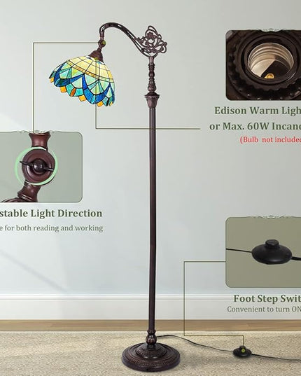 Tiffany Floor Lamp for Living Room,Stained Glass Gooseneck Reading Floor Light,Antique Style Tall Standing Lamp for Bedroom and Office Adjustable Light Direction - LeafyLoom