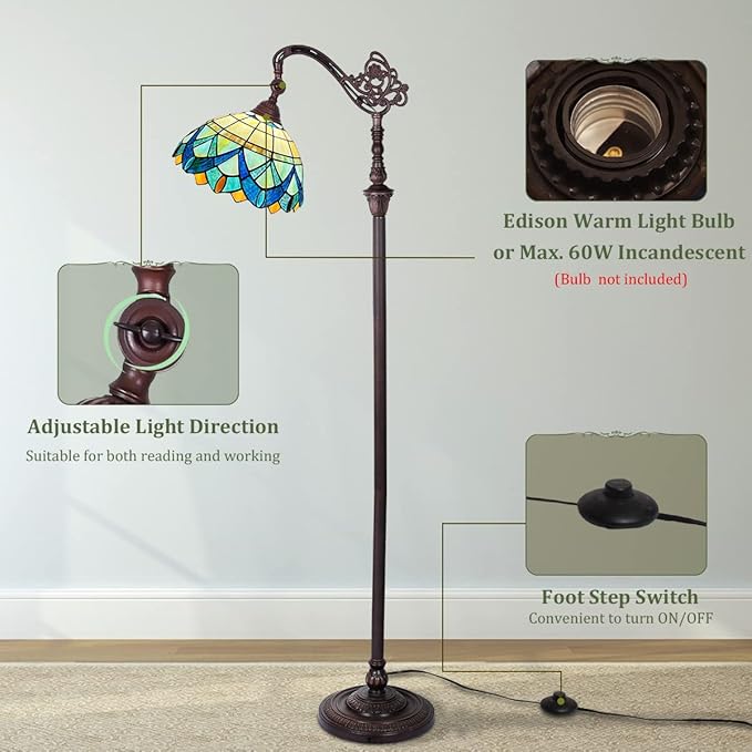 Tiffany Floor Lamp for Living Room,Stained Glass Gooseneck Reading Floor Light,Antique Style Tall Standing Lamp for Bedroom and Office Adjustable Light Direction - LeafyLoom