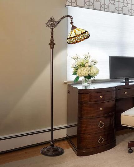 Capulina Tiffany Floor Lamp Antique Amber Melody Style Stained Glass Soft Light Arched Gooseneck Adjustable Angle Reading Floor Lamp for Living Room Bedroom Home Office - LeafyLoom