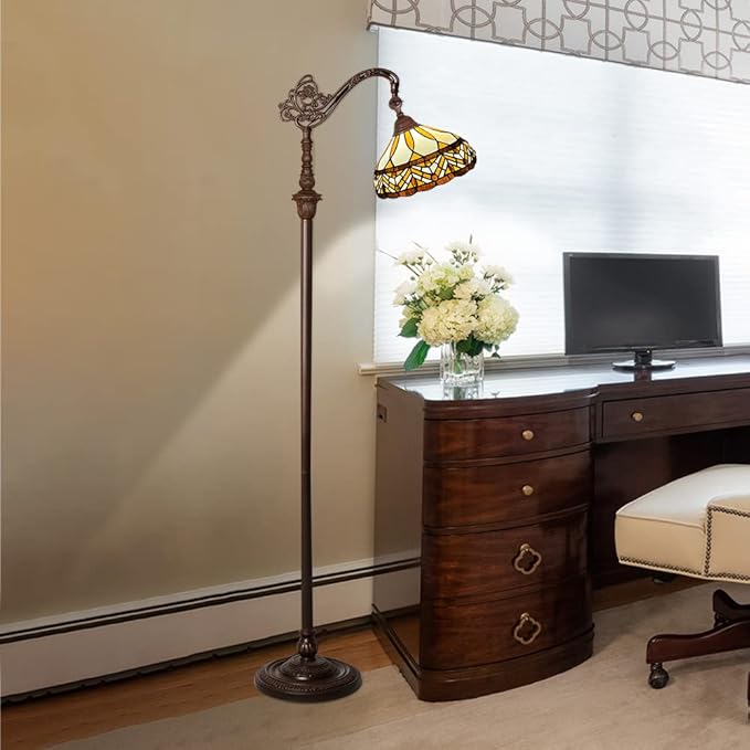 Capulina Tiffany Floor Lamp Antique Amber Melody Style Stained Glass Soft Light Arched Gooseneck Adjustable Angle Reading Floor Lamp for Living Room Bedroom Home Office - LeafyLoom