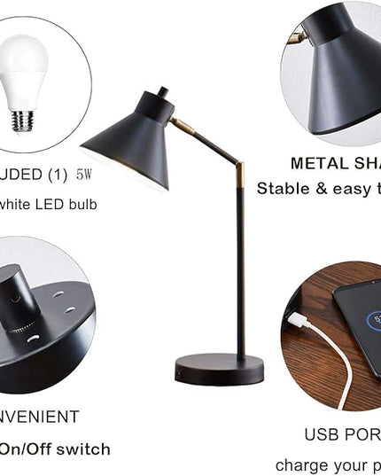 LED Desk Lamp with USB Charging Port, 100% Metal Lamp, 270° Flexible Swivel Arms, Soft White LED Reading Light (2700K), Bedside Reading Lamp, Office Lamp, Table Lamp, UL Listed (Black) - LeafyLoom