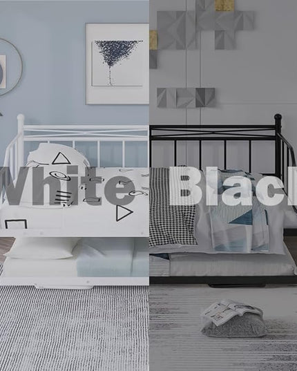 Full Daybed with Trundle Bed Twin, Metal Day Bed Frame with Pop Up Trundle, Metal Sofa Bed with Portable Folding Trundle for Bedroom, Living Room, Guest Room, Home, No Box Spring Needed, White - LeafyLoom