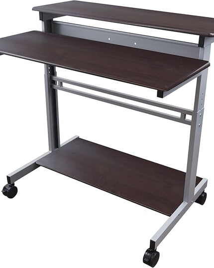 Stand Up Desk Store Rolling Adjustable Height Two Tier Standing Desk Computer Workstation (Silver Frame/Dark Walnut Top, 40" Wide) - LeafyLoom