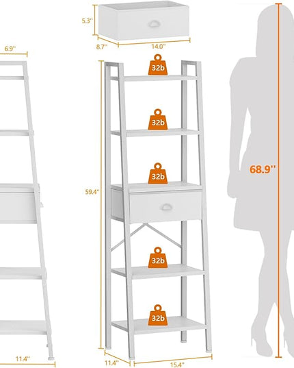 Furologee 5 Tier BookShelf, Ladder Shelf with Drawer, Tall Bookcase Corner Shelf, Narrow Shelf Industrial Display Standing Units for Home Office, Living Room, Bedroom, Kitchen, White - LeafyLoom