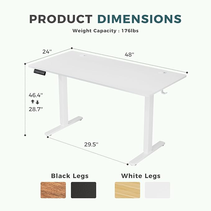 SMUG Standing Desk, 48x24 Inch Ergonomic Adjustable Height Electric Sit Stand Up Down Computer Table with Whole-Piece Desktop Board, Computer Workstation for Home Office, White(2 Packages) - LeafyLoom