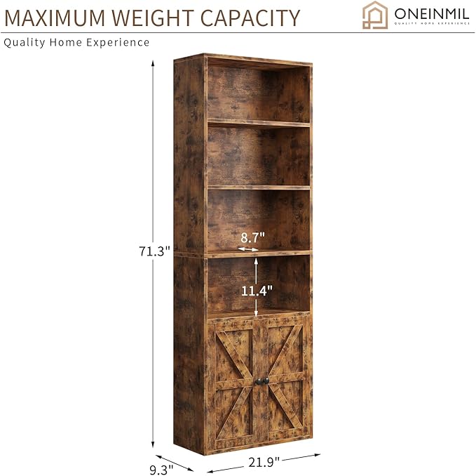 oneinmil 6 Tier Bookcase, Wooden Bookshelves with Cabinet Doors, Floor Bookshelf and Office Storage Cabinets for Home Office, Living Room,Brown - LeafyLoom