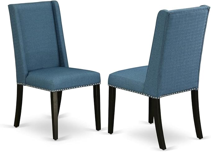 East West Furniture Antique 3 Piece Modern Set Contains a Round Kitchen Table with Pedestal and 2 Blue Linen Fabric Parson Dining Chairs, 36x36 Inch, ANFL3-ABK-21 - LeafyLoom