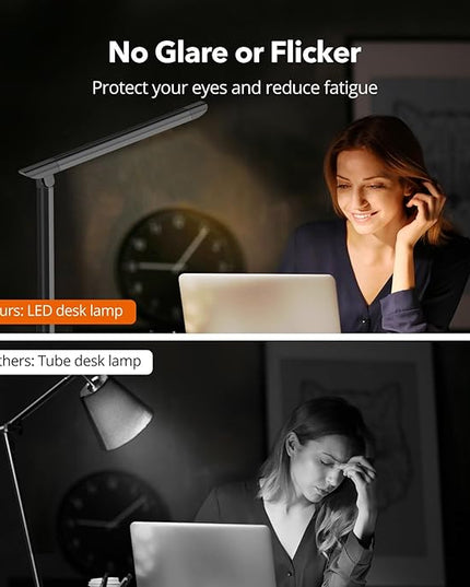 LED Desk Lamp, Metal Desk Light 12W 550lm, Dimmable Touch Control Lamp with USB Charging Port, Eye-Caring Desk Light with 5 Color Modes with 7 Brightness Levels, for Home, Office, School, Black - LeafyLoom