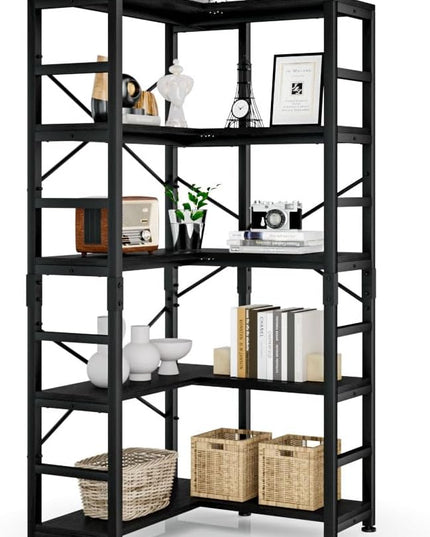 NUMENN 5 Tier Corner Bookshelf, Modern Corner Bookcase, Large Open Shelf Bookcase, Tall Bookshelves Storage Display Rack for Bedroom, Living Room and Home Office, Black - LeafyLoom