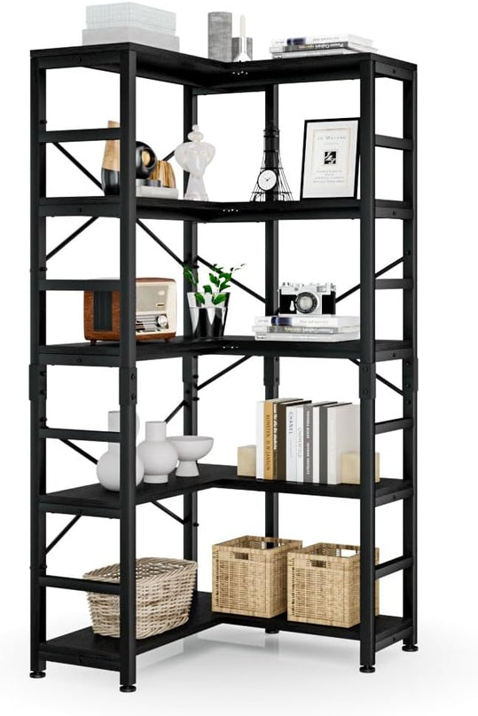 NUMENN 5 Tier Corner Bookshelf, Modern Corner Bookcase, Large Open Shelf Bookcase, Tall Bookshelves Storage Display Rack for Bedroom, Living Room and Home Office, Black - LeafyLoom