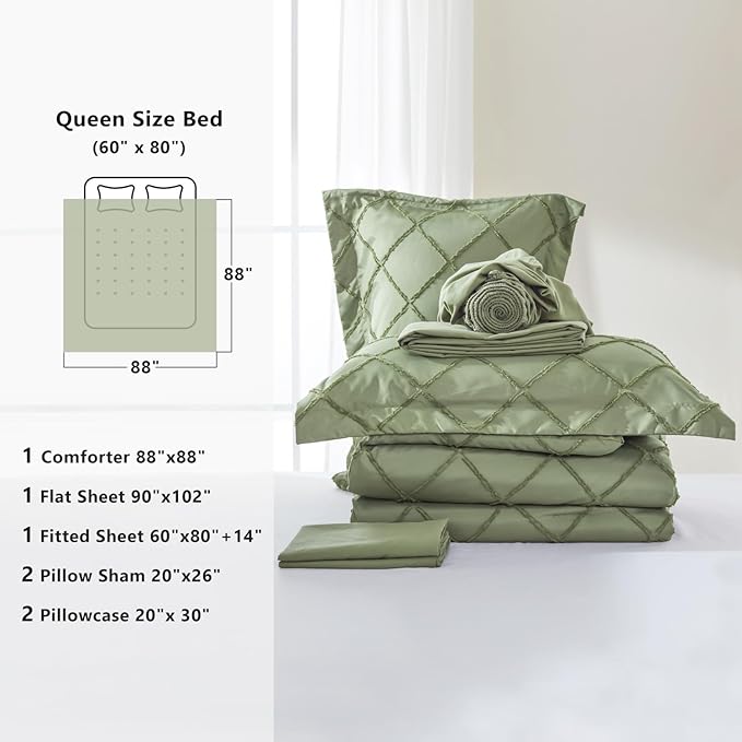 Boho Olive Green Comforter Set with Jacquard Tufted Design,Farmhouse Bedding Sets for All Seasons,Soft 7 Pieces Queen Bed in a Bag Comforter,Flat Sheet,Fitted Sheet,Pillowcases & Shams - LeafyLoom