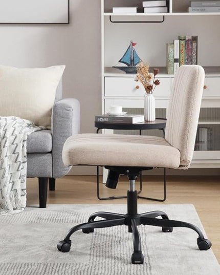 Armless Office Chair with Wheels Wide Desk Chair Leather Mid Back Accent Chair Padded Swivel Vanity Chair for Girl Women Computer Task Chair for Home Office (Linen, Beige) - LeafyLoom