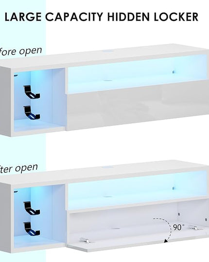 DlandHome Floating TV Stand with LED Light, 39.3’’ Wall-Mounted Media Console, Floating Shelf for Under TV Wall Mount with Storage Shelf for Bedroom Living Room, White - LeafyLoom
