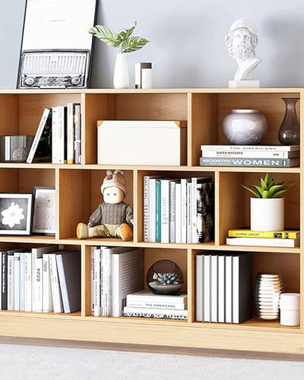 IOTXY Open Shelf Low Bookcase - Wooden 3-Tier Floor Standing Display Cabinet Organizer with Base, 10 Cubes Short Horizontal Bookshelf in Pear Yellow - LeafyLoom