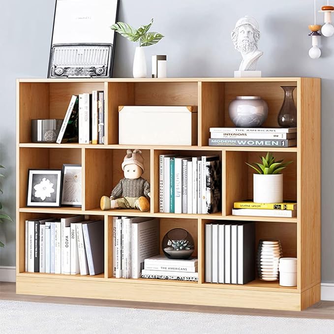 IOTXY Open Shelf Low Bookcase - Wooden 3-Tier Floor Standing Display Cabinet Organizer with Base, 10 Cubes Short Horizontal Bookshelf in Pear Yellow - LeafyLoom