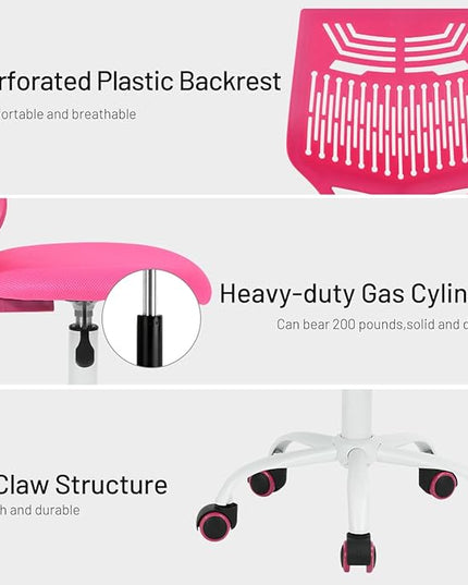 FurnitureR Desk Chair Armless Cute Home Office Desk Chair for Kids, Swivel Computer Task Chair Study Chair with Mesh Padded Cushion and Rolling Wheels for Child, Pink - LeafyLoom