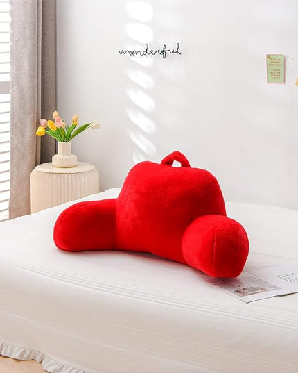 A Nice Night Faux Fur Reading Pillow Bed Wedge Large Adult Children Backrest with Arms Back Support for Sitting Up in Bed/Couch for Bedrest, Red - LeafyLoom