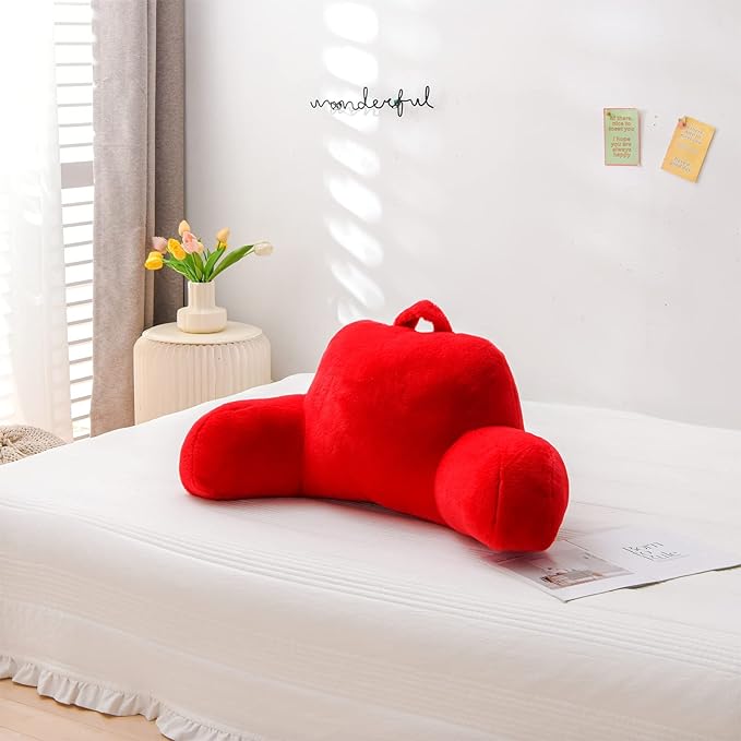 A Nice Night Faux Fur Reading Pillow Bed Wedge Large Adult Children Backrest with Arms Back Support for Sitting Up in Bed/Couch for Bedrest, Red - LeafyLoom