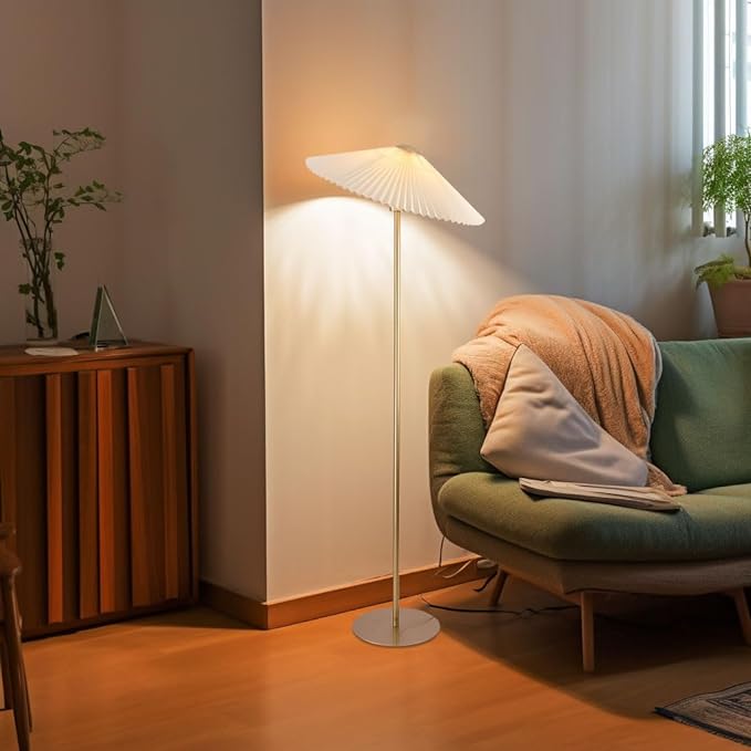 KUNJOULAM Pleated Floor Lamp, Gold Pole Floor Lamps, Simple Design Tall Lamp with Beige Lampshade, Standing Lamp for Living Room, Bedroom, Office, Home - LeafyLoom