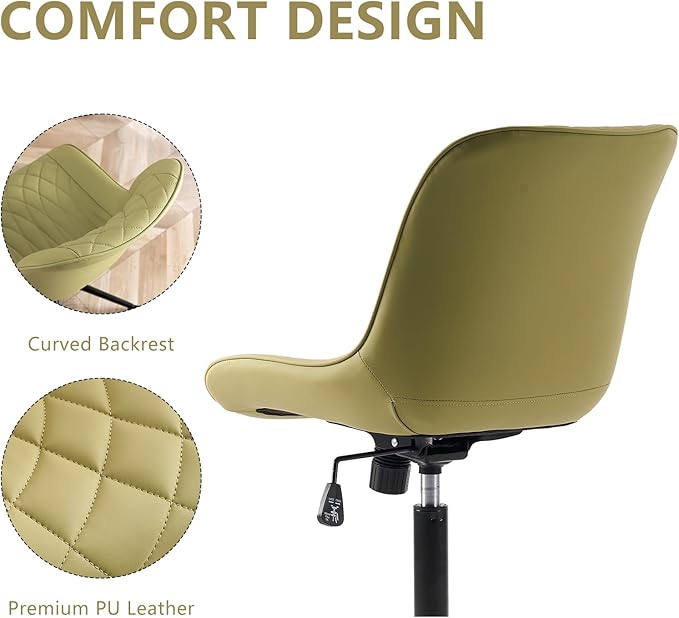 YOUNIKE Armless Office Chair with Wheels, Swivel Desk Chair Rolling Task Chair with Back, Upholstered Leather Computer Chair, Height Adjustable Modern Vanity Chair Avocado Green - LeafyLoom