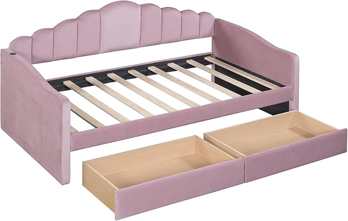 Twin Size Upholstered Daybed with 2 Drawers and Striped Headboard, Solid Wood Velvet Bed with USB Charging Ports, No Box Spring Needed, for Living Room, Bedroom, Dorm, Space-Saving Design - LeafyLoom