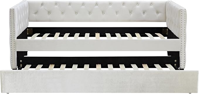 Twin Size Velvet Upholstered Daybed with Twin Trundle, Solid Wood Sofa Bed w/Button Tufted Backrest, for Living Room, Bedroom, Dorm, No Box Spring Needed, Space-Saving Design, Beige - LeafyLoom