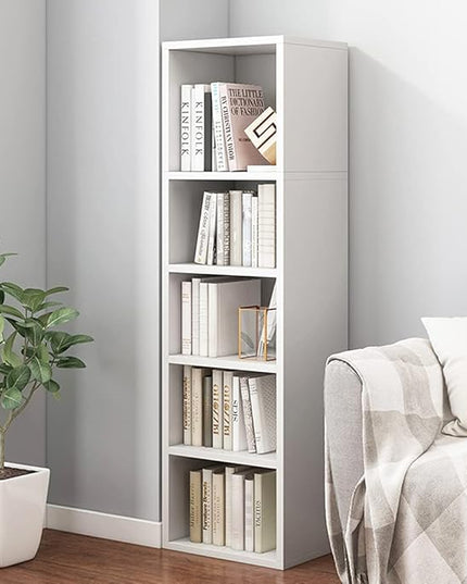 IOTXY Small Narrow Corner Bookcase - 47 Inches Tall Gap Freestanding Storage Cabinet, 5 Lattices Open Shelves Tower Rack, Cubes Bookshelf in White - LeafyLoom