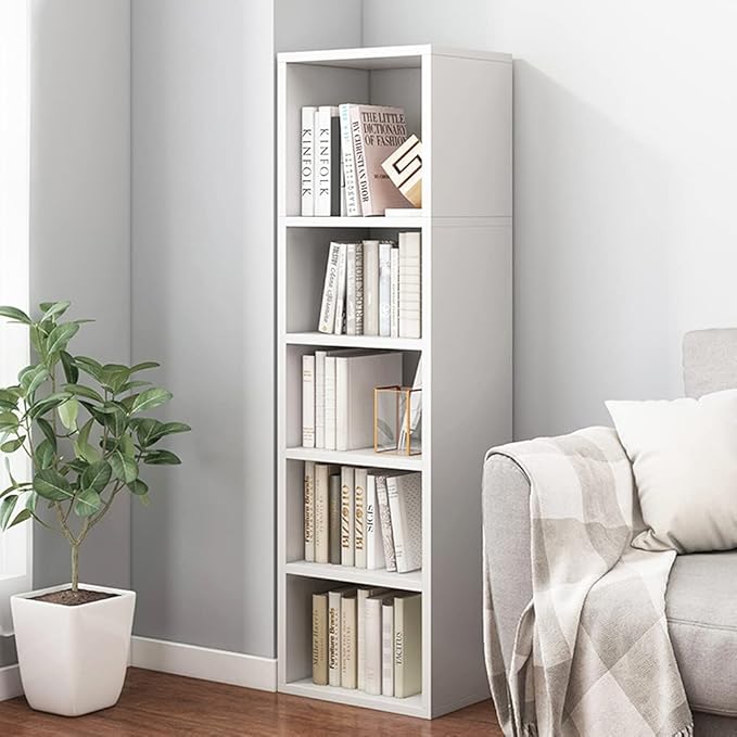 IOTXY Small Narrow Corner Bookcase - 47 Inches Tall Gap Freestanding Storage Cabinet, 5 Lattices Open Shelves Tower Rack, Cubes Bookshelf in White - LeafyLoom
