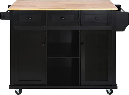 Kitchen Island with Drop-Leaf Countertop, Kitchen-Cart on 5 Universal Wheels with Open Shelves, Storage Cabinet and 3 Drawers, Large Rubberwood Top Breakfast Bar, for Dining Room - LeafyLoom