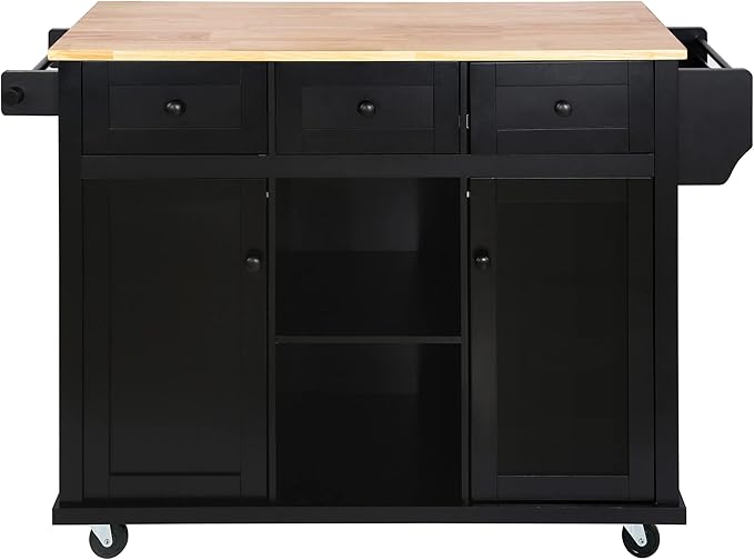Kitchen Island with Drop-Leaf Countertop, Kitchen-Cart on 5 Universal Wheels with Open Shelves, Storage Cabinet and 3 Drawers, Large Rubberwood Top Breakfast Bar, for Dining Room - LeafyLoom
