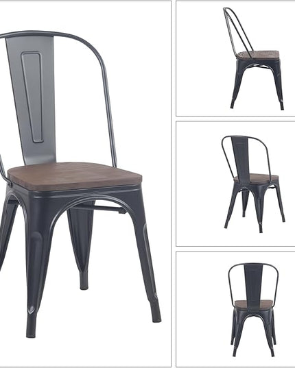 YOUNIKE Metal Dining Chairs Set of 4 Iron Stackable Removable Back Wood Seat Patio Chairs Rubber Feet Stylish Modern Indoor Outdoor Classic Chic Industrial Vintage Bistro Kitchen Matte Black - LeafyLoom