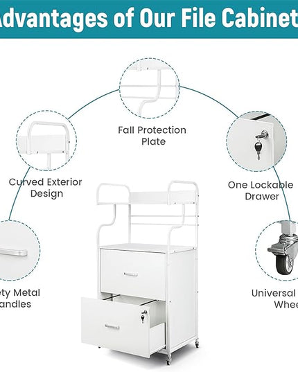 Vertical File Cabinet, 2 Drawer Mobile Filing Cabinet with 1 Bookshelf, Printer Stand with Open Storage Shelves Fits A4/Letter/Legal Size File Cabinets for Home Office Organizer, White - LeafyLoom