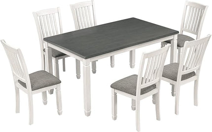 Neoclassical Dining, 7-Piece Wooden Table Set with 6 Upholstered Chairs-Shaped Legs, Comfortable Seating for Kitchen Room, Gray+White - LeafyLoom