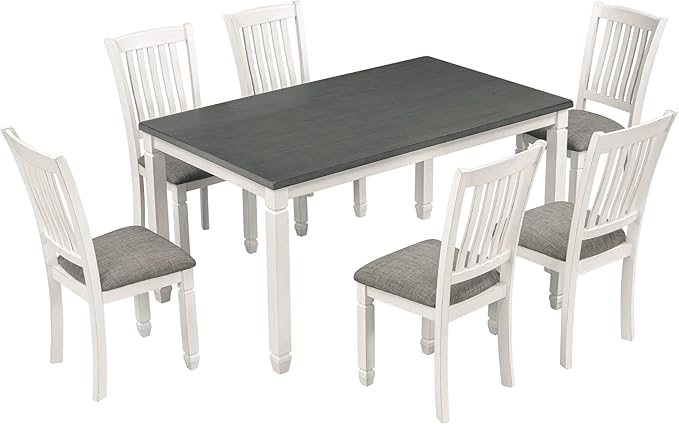 Neoclassical Dining, 7-Piece Wooden Table Set with 6 Upholstered Chairs-Shaped Legs, Comfortable Seating for Kitchen Room, Gray+White - LeafyLoom