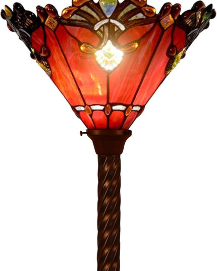 Bieye L10682 Baroque 67 inch Tiffany Style Stained Glass Torchiere Floor Lamp with 13 Inch Wide Handmade Lampshade, Metal Base with Dark Brown Baking Finish, Red - LeafyLoom