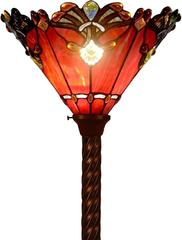 Bieye L10682 Baroque 67 inch Tiffany Style Stained Glass Torchiere Floor Lamp with 13 Inch Wide Handmade Lampshade, Metal Base with Dark Brown Baking Finish, Red - LeafyLoom