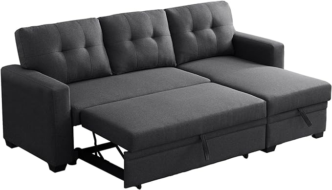 L Shape Sleeper Sofa Bed with Storage, Large Full Size Pull Out Sectional Couch, Futon Chaise Lounge Recliner for Living Room, Apartment, Bedroom, Office, Dark grey - LeafyLoom
